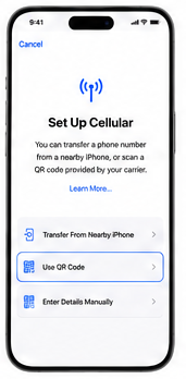 Set Up Cellular screen with Use QR Code highlighted