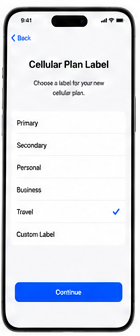 Cellular Plan Label screen