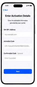 Enter Activation Details screen with SM-DP+ Address and Activation Code fields