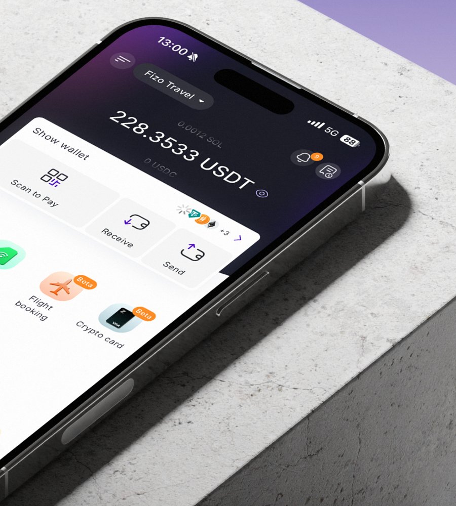 Fizen wallet showing a USDT balance ready to pay for an eSIM