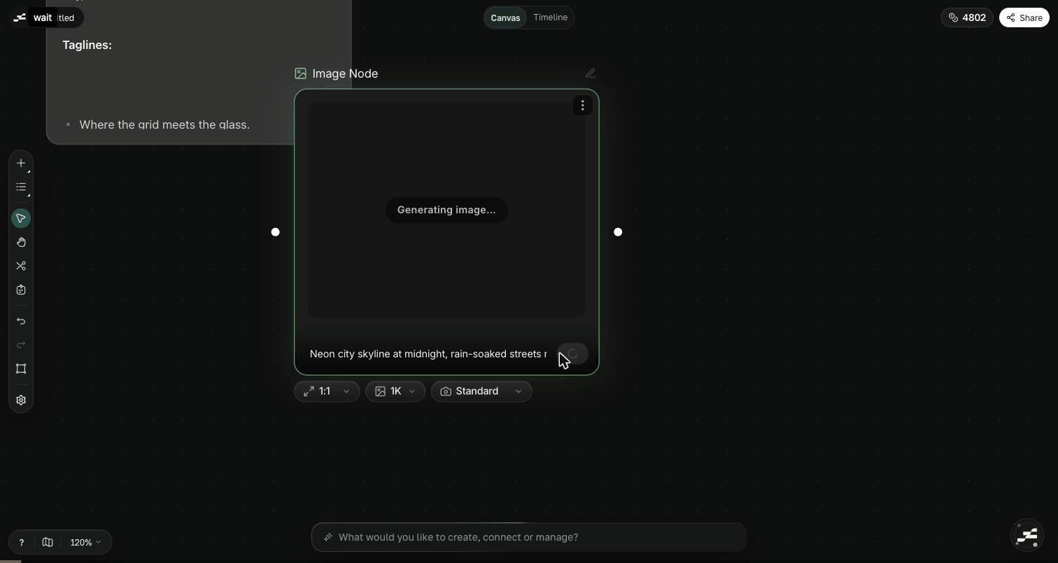 An Image node with a prompt, reference, and generation settings