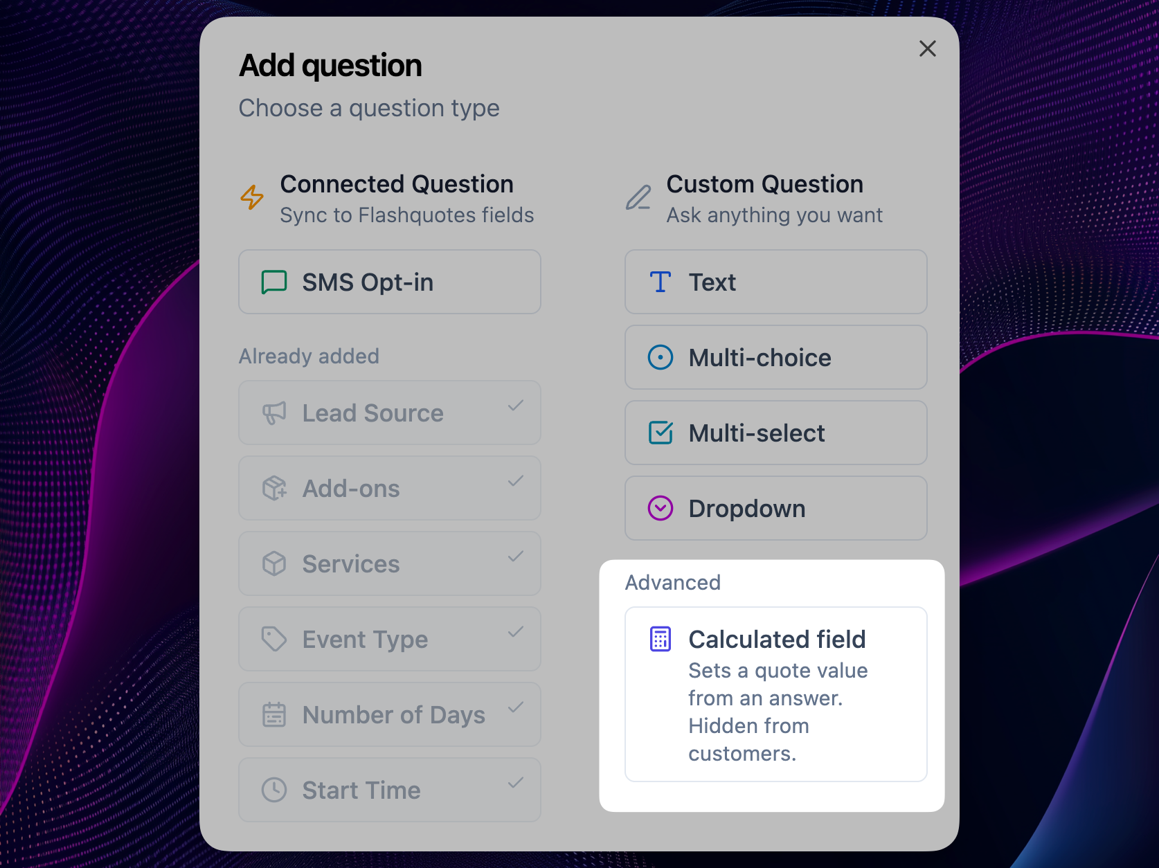 The Add question modal with Calculated field under Advanced