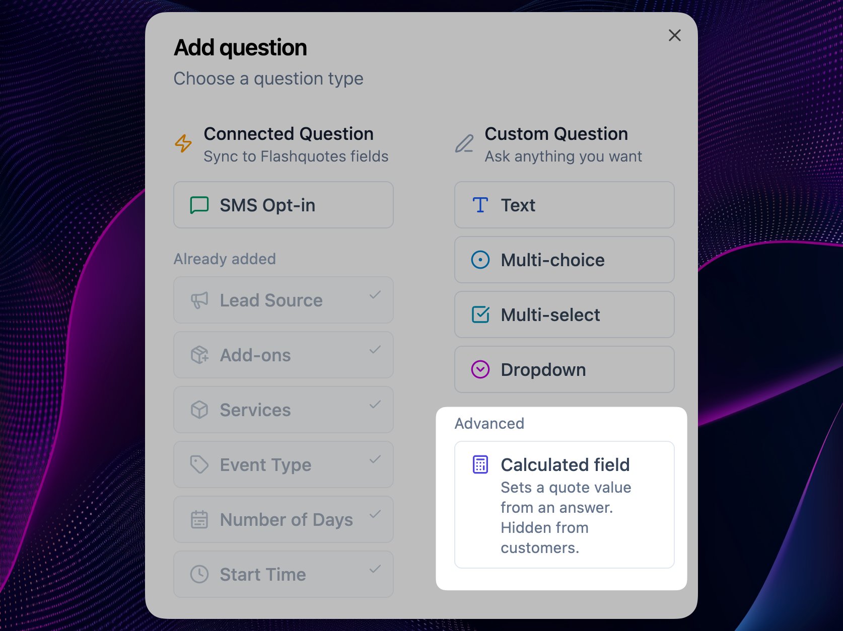 The Add question modal with Calculated field under Advanced