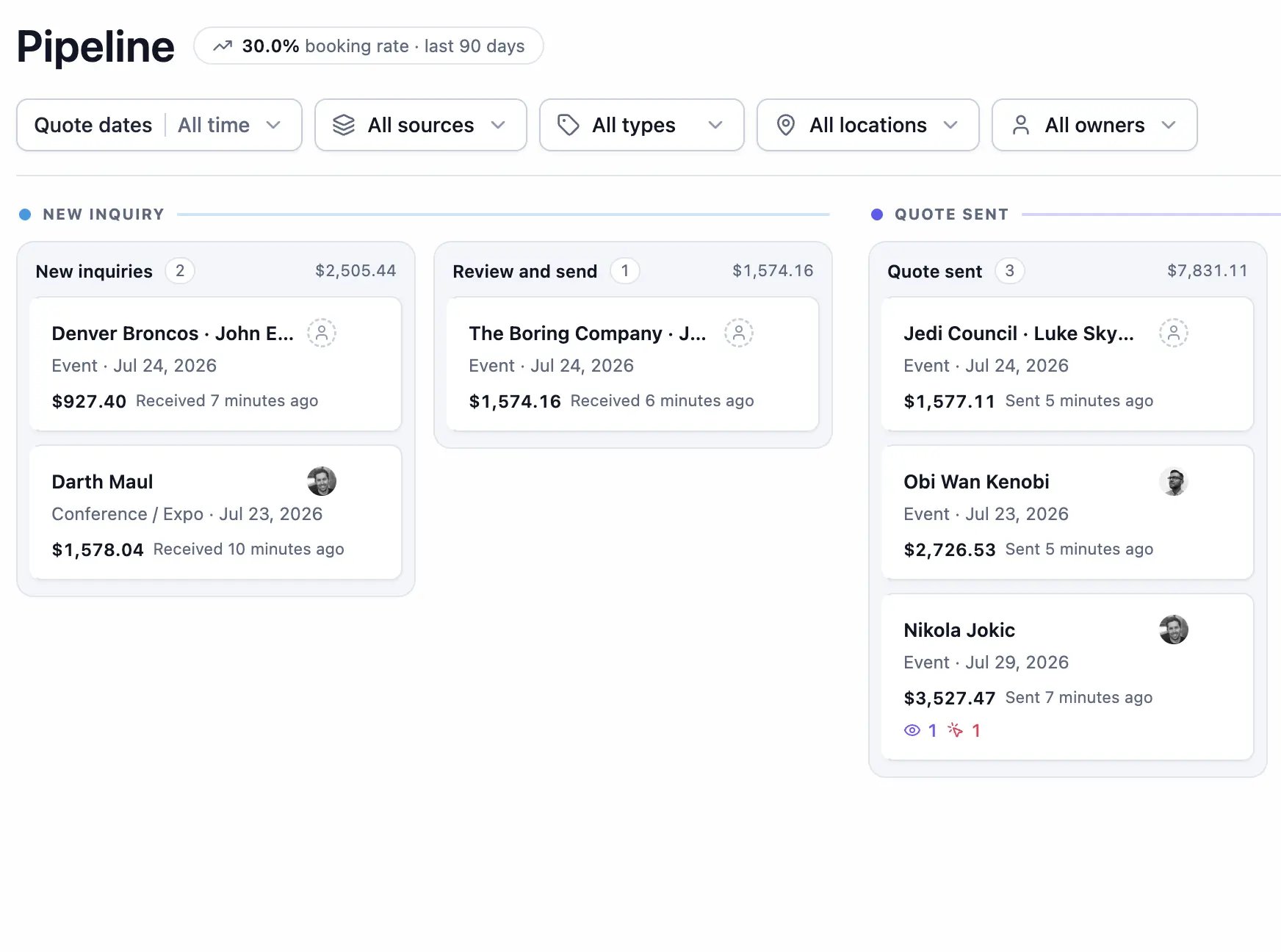 The Pipeline board showing quote cards organized into stages