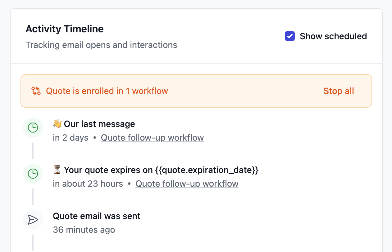 Quote view showing workflow enrollment banner and scheduled messages