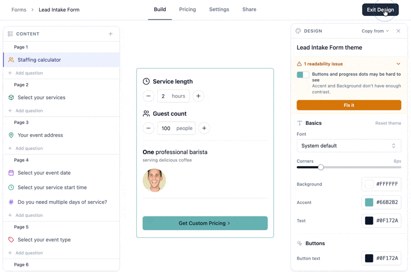 Customizing the lead intake form theme in the form editor