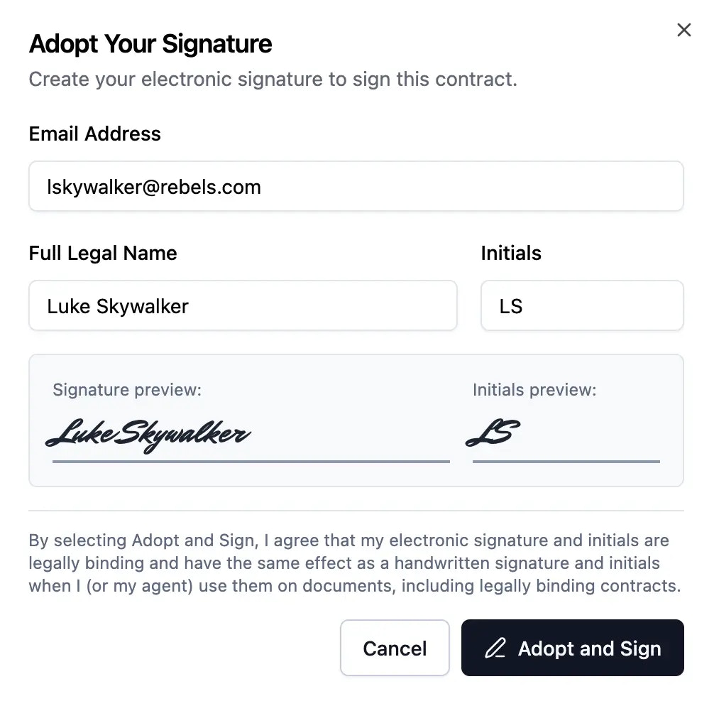 Signature adoption modal