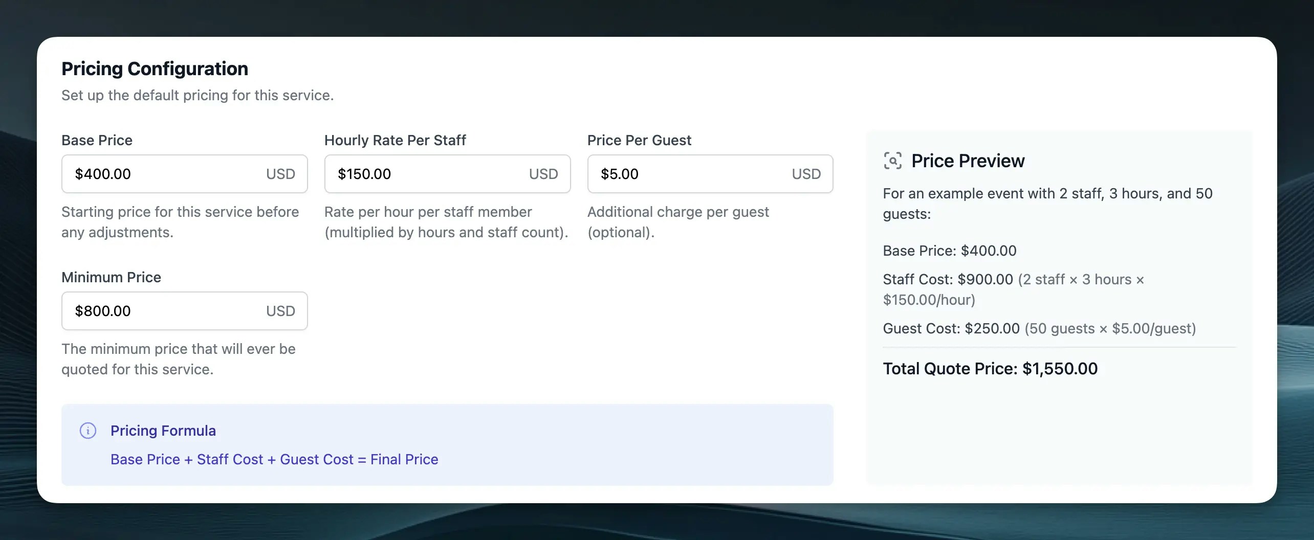Pricing Configuration UI showing fields for Base Price, Hourly Rate Per Staff, Price Per Guest, and Minimum Price
