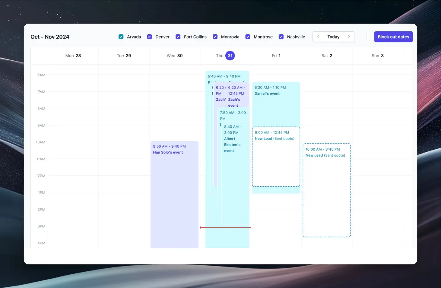 Calendar showing both confirmed and potential bookings
