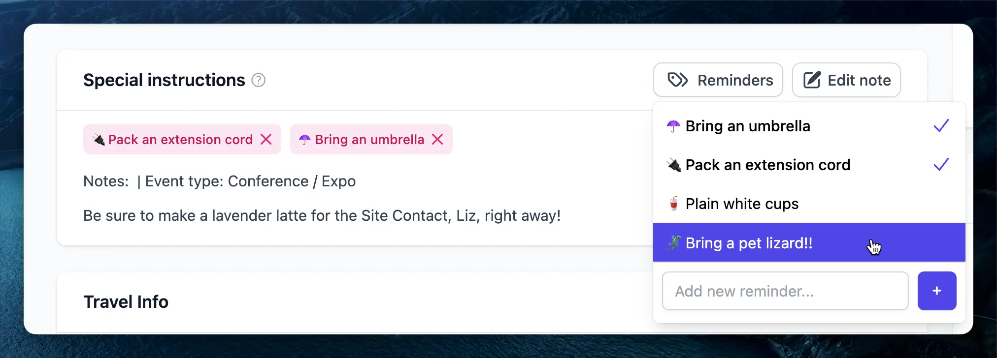 Reminders feature showing pink pill badges and warning banner