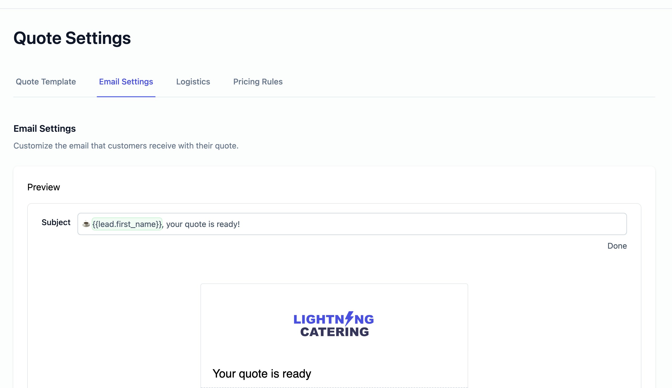 Quote Settings page showing Email Settings tab with subject line editor containing shortcodes
