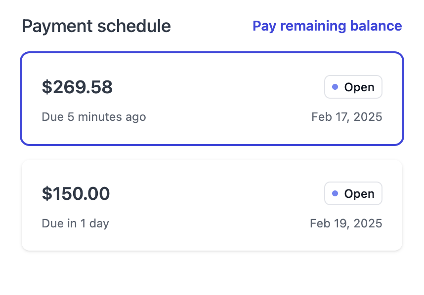 Payment schedule interface showing how to schedule partial payments