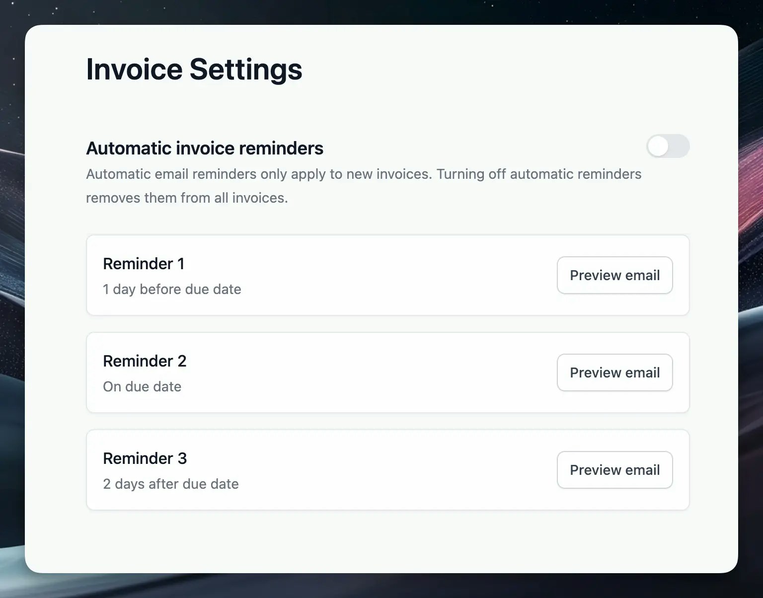 Invoice reminder settings showing the automated reminder schedule