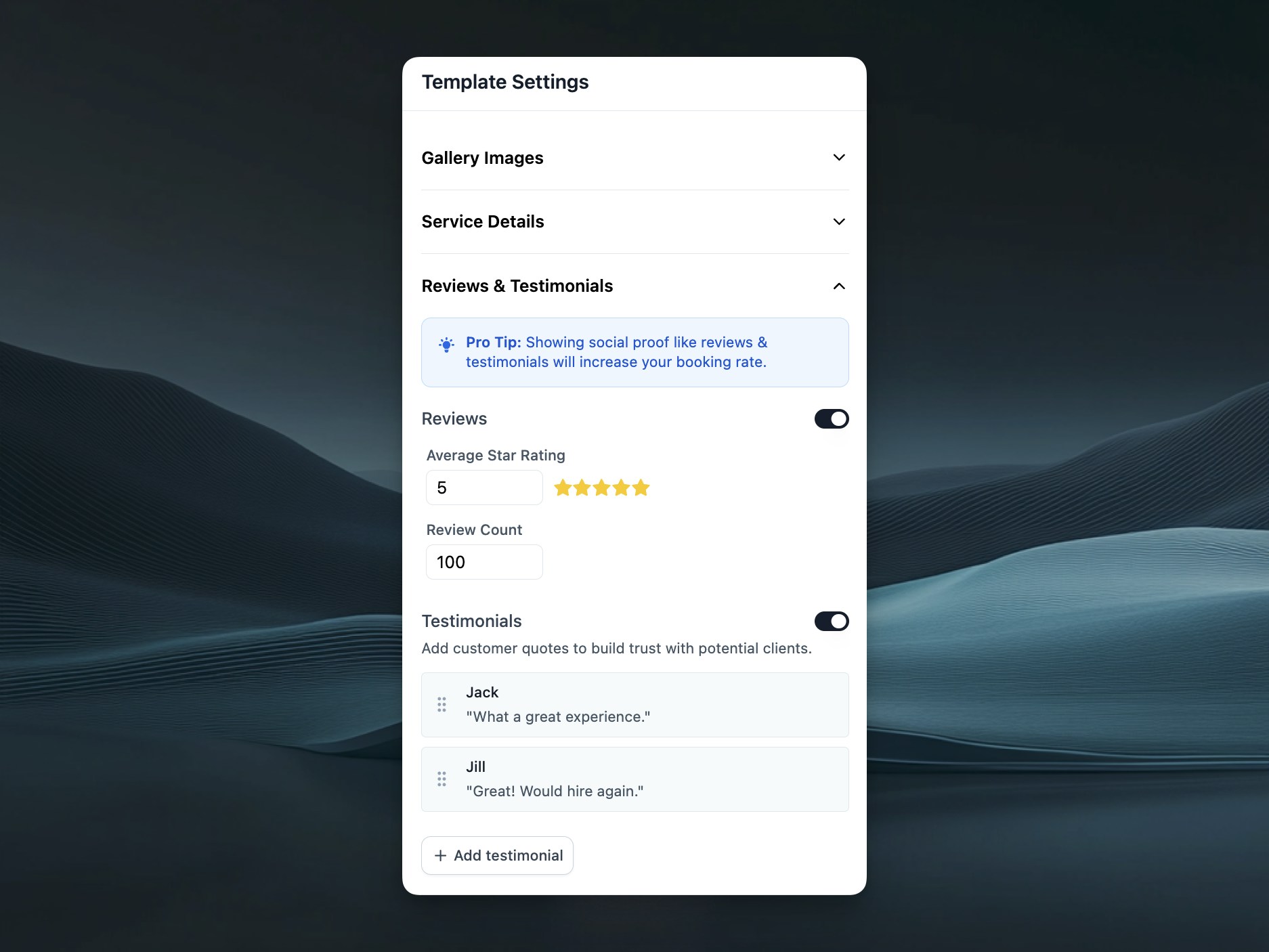 Reviews and Testimonials configuration interface