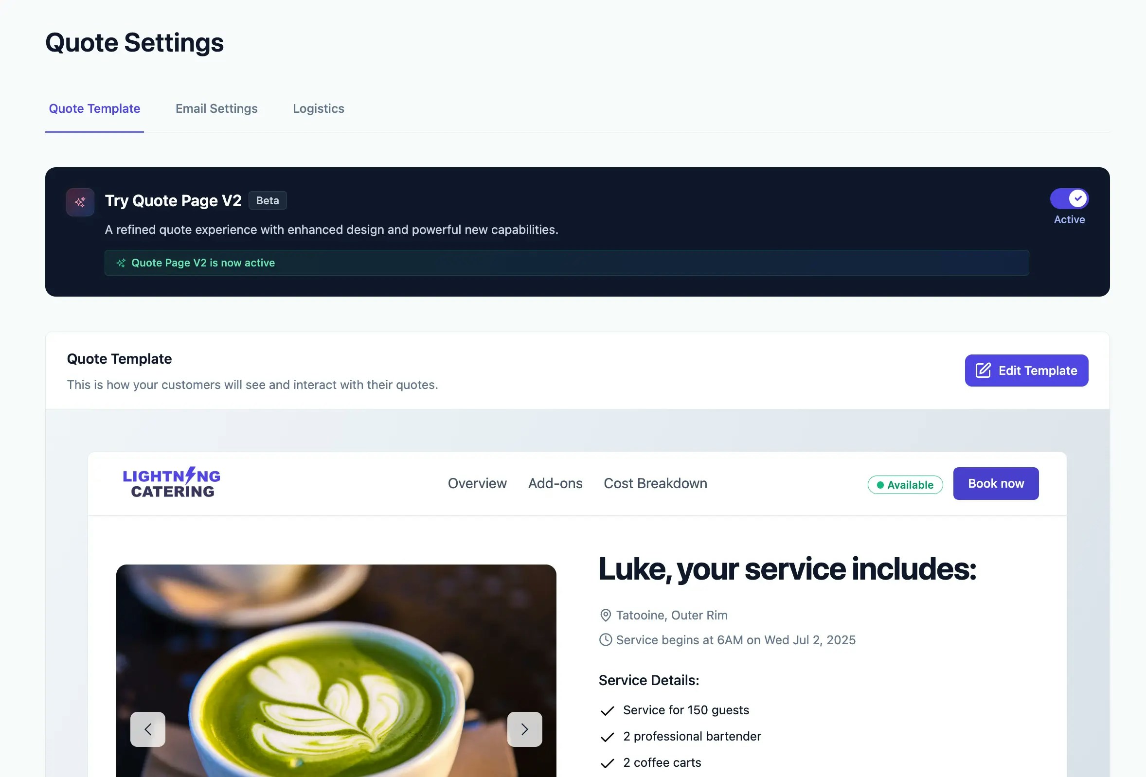 Quote View V2 opt-in banner in Quote Settings