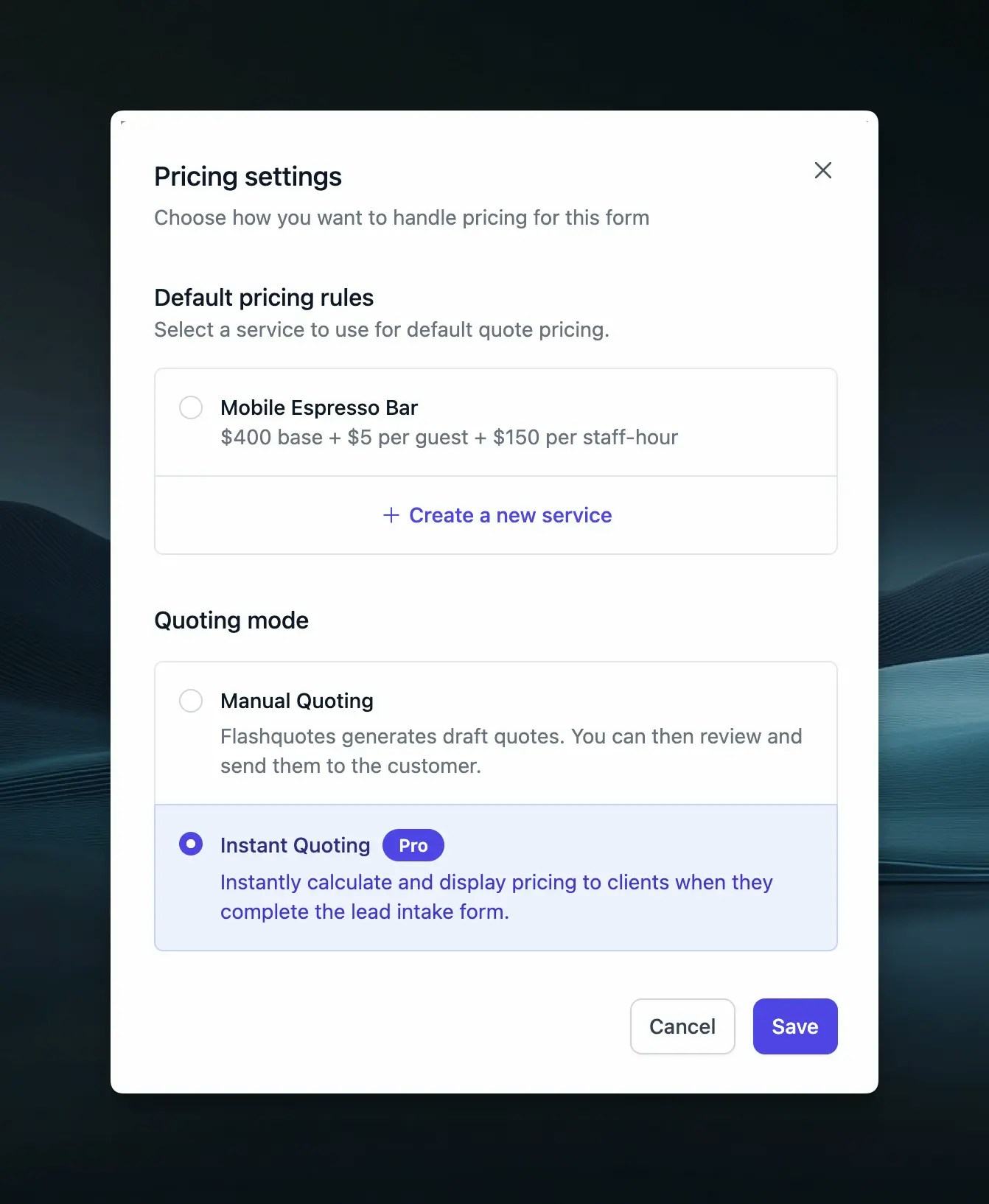 Settings modal to configure pricing rules for a lead intake form