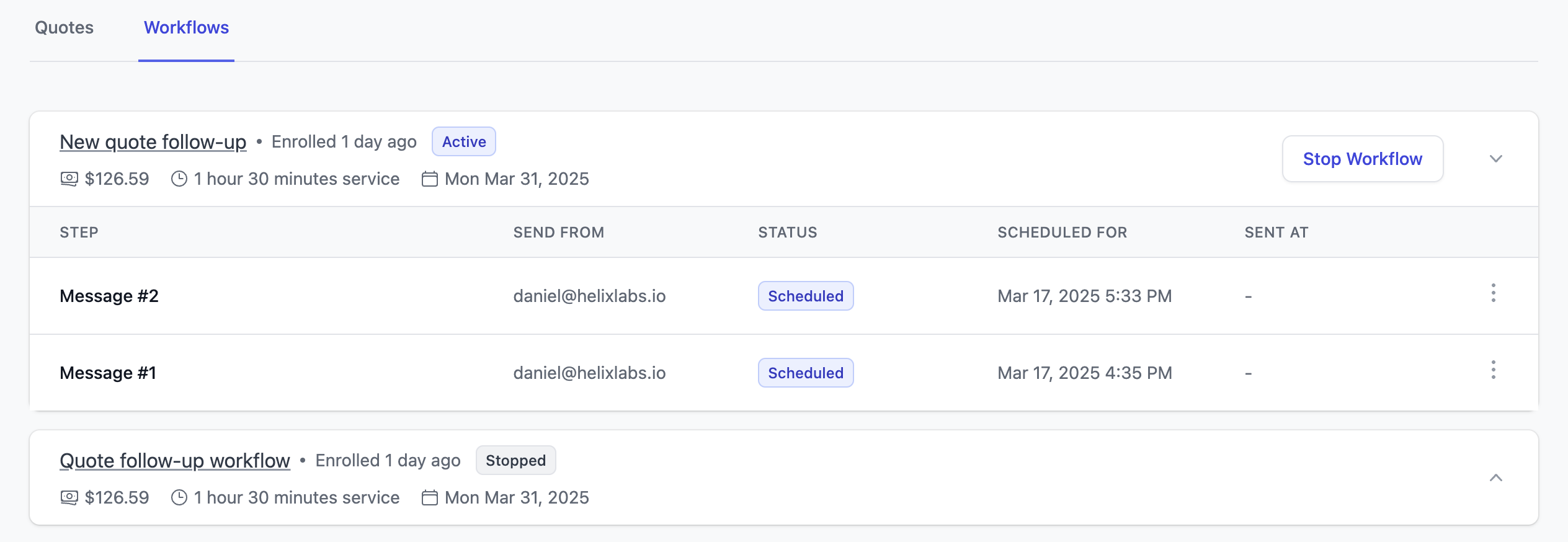 Lead details workflow tab showing active, completed and canceled workflows