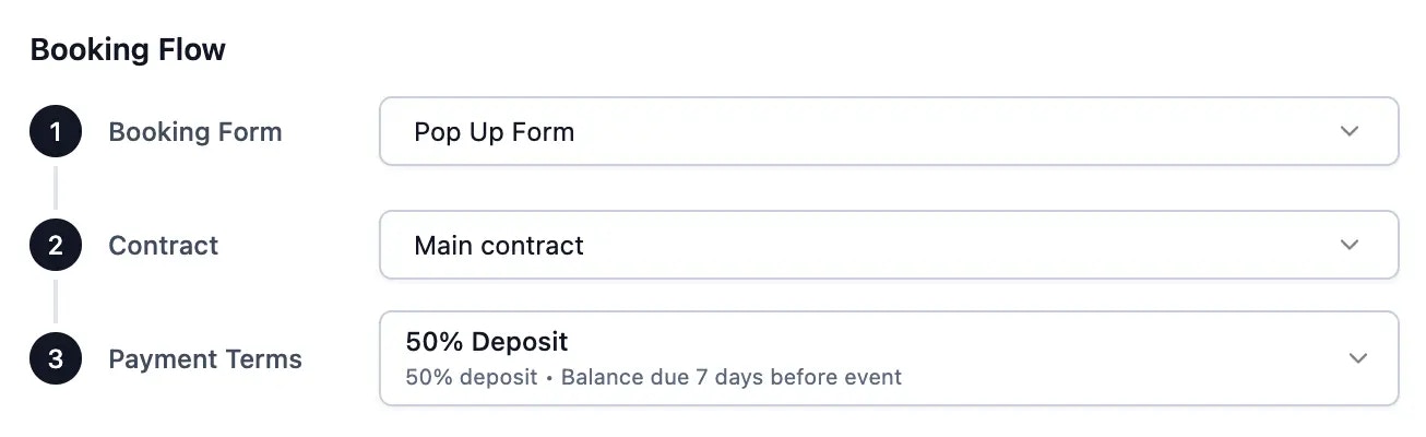 Booking Flow section showing booking form selection and payment terms configuration
