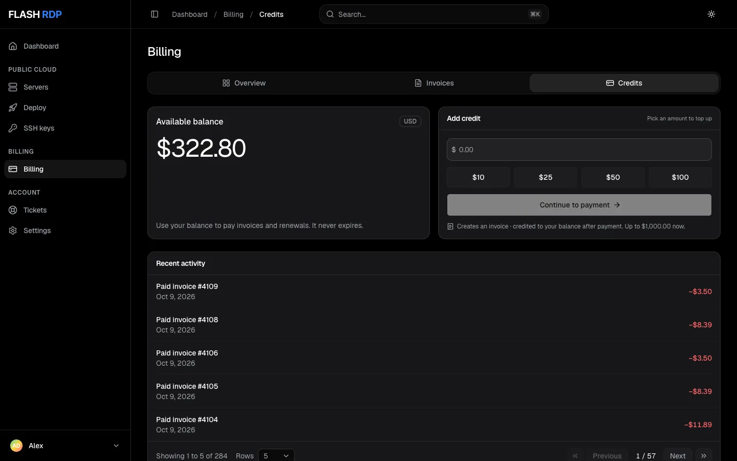 The Credits tab with the available balance, the Add credit form and recent activity
