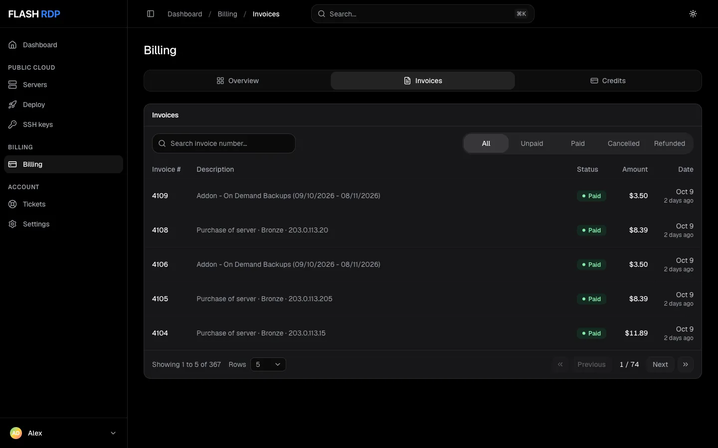The invoice list with status filters and search