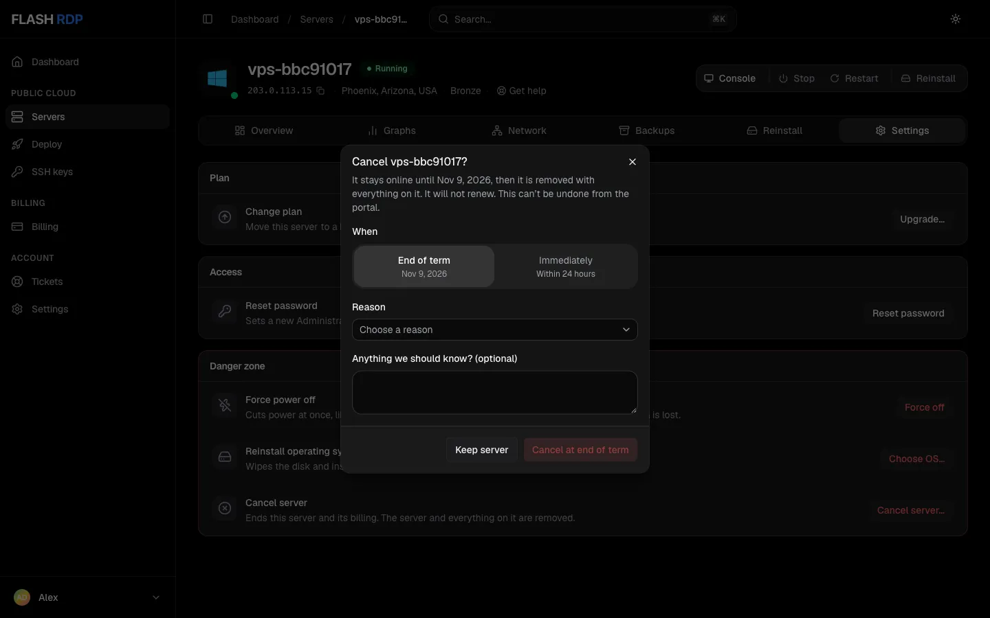 The Cancel server dialog with End of term and Immediately options, a reason and an optional note