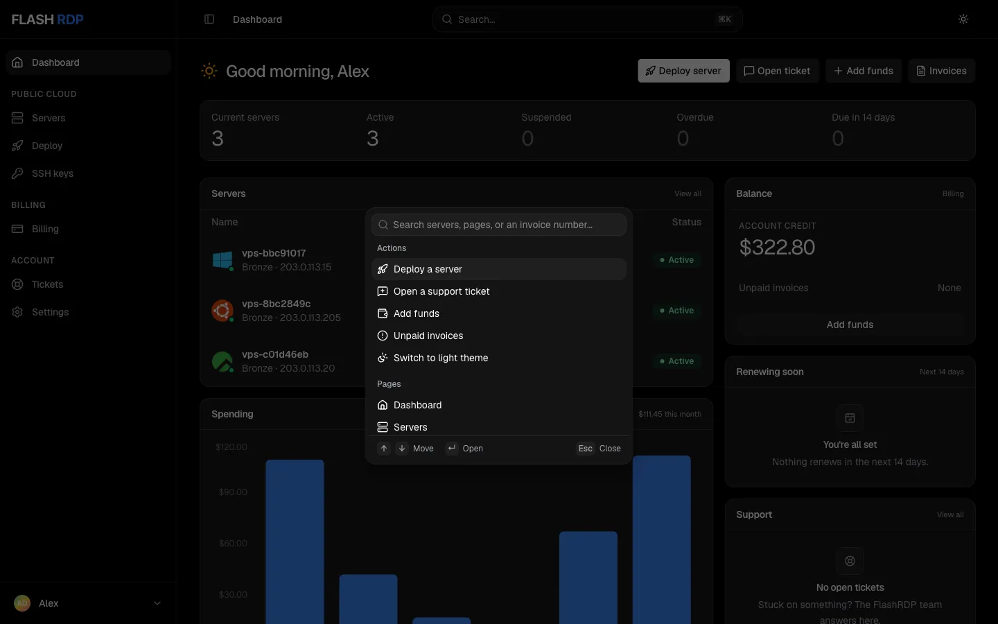The search palette listing actions such as Deploy a server, Open a support ticket and Add funds