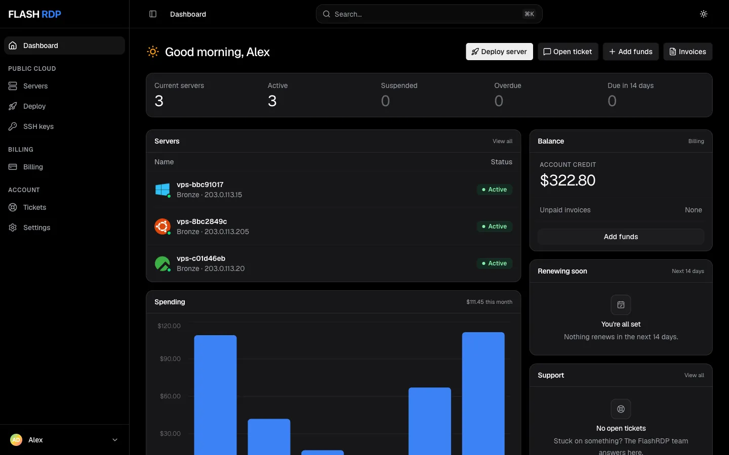 The Billing Portal dashboard with the sidebar, server list, spending chart, balance and renewals
