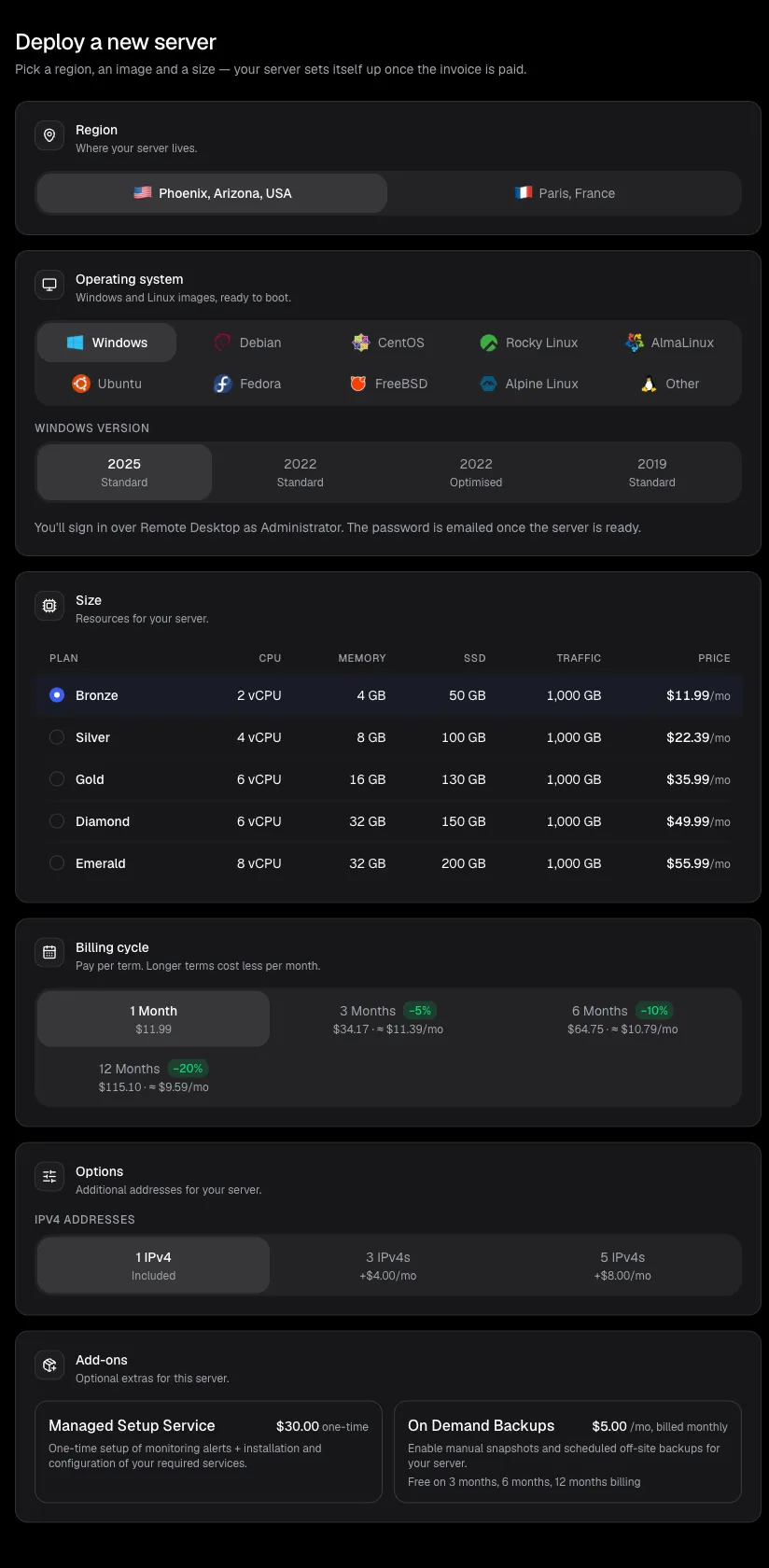 The Deploy page with region, operating system, size, billing cycle, IPv4 options and add-ons