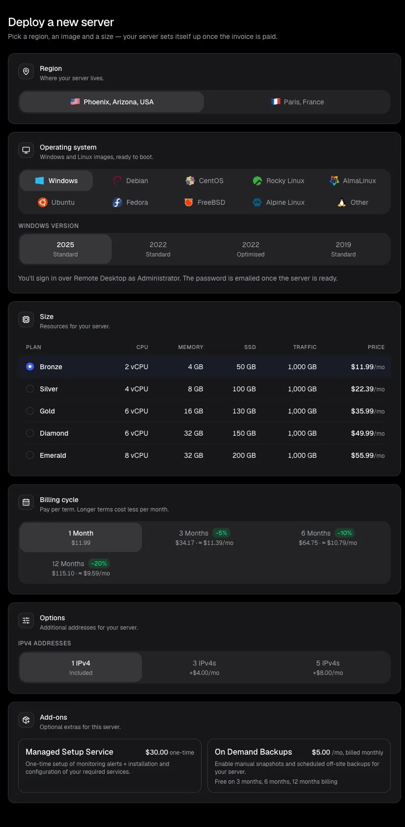 The Deploy page with region, operating system, size, billing cycle, IPv4 options and add-ons