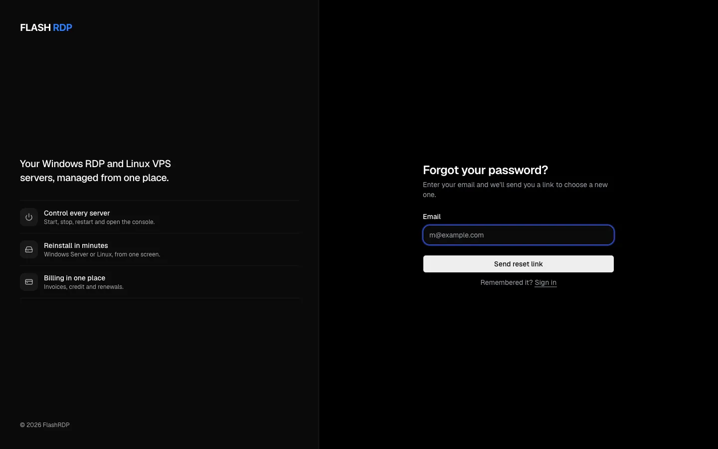 The Forgot your password page with an email field and a Send reset link button
