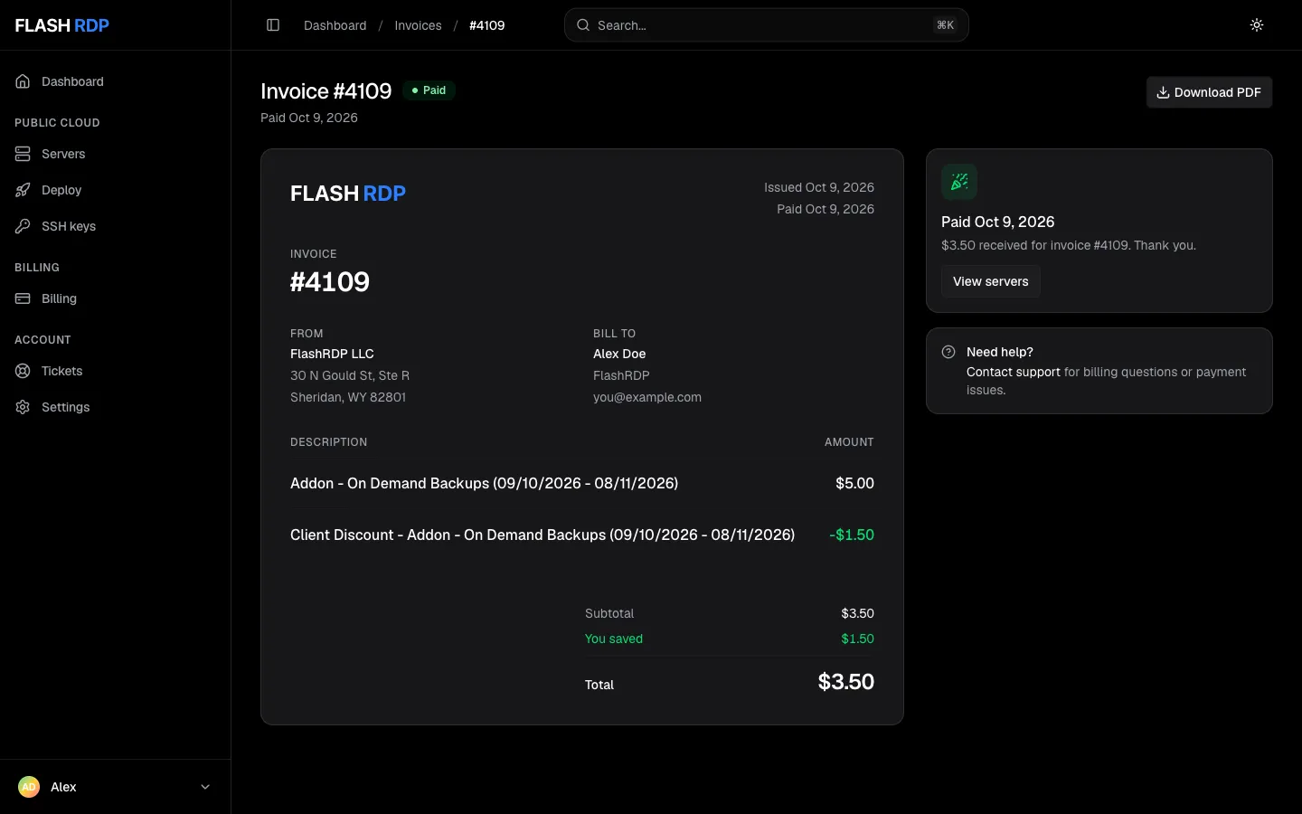 A paid invoice with its lines, totals and the Download PDF button