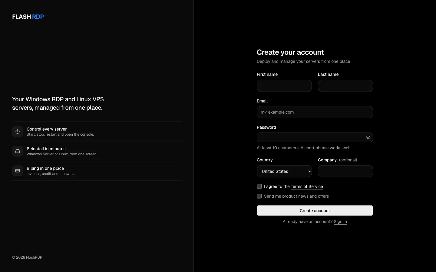 The FlashRDP Billing Portal sign-up form with name, email, password, country and company fields