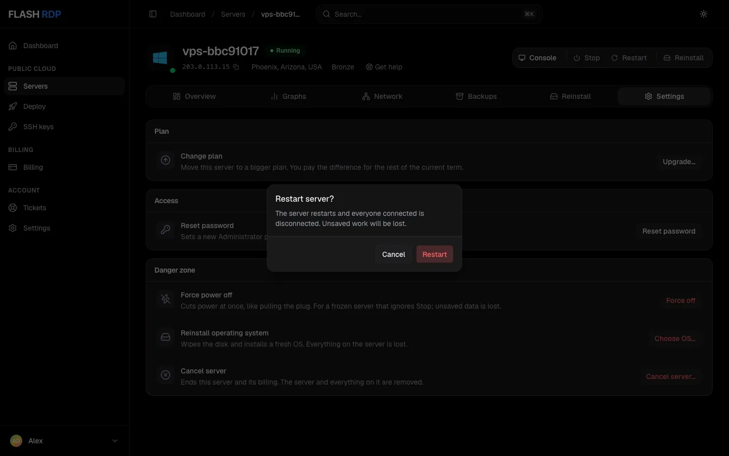 The Restart server confirmation dialog with Cancel and Restart buttons
