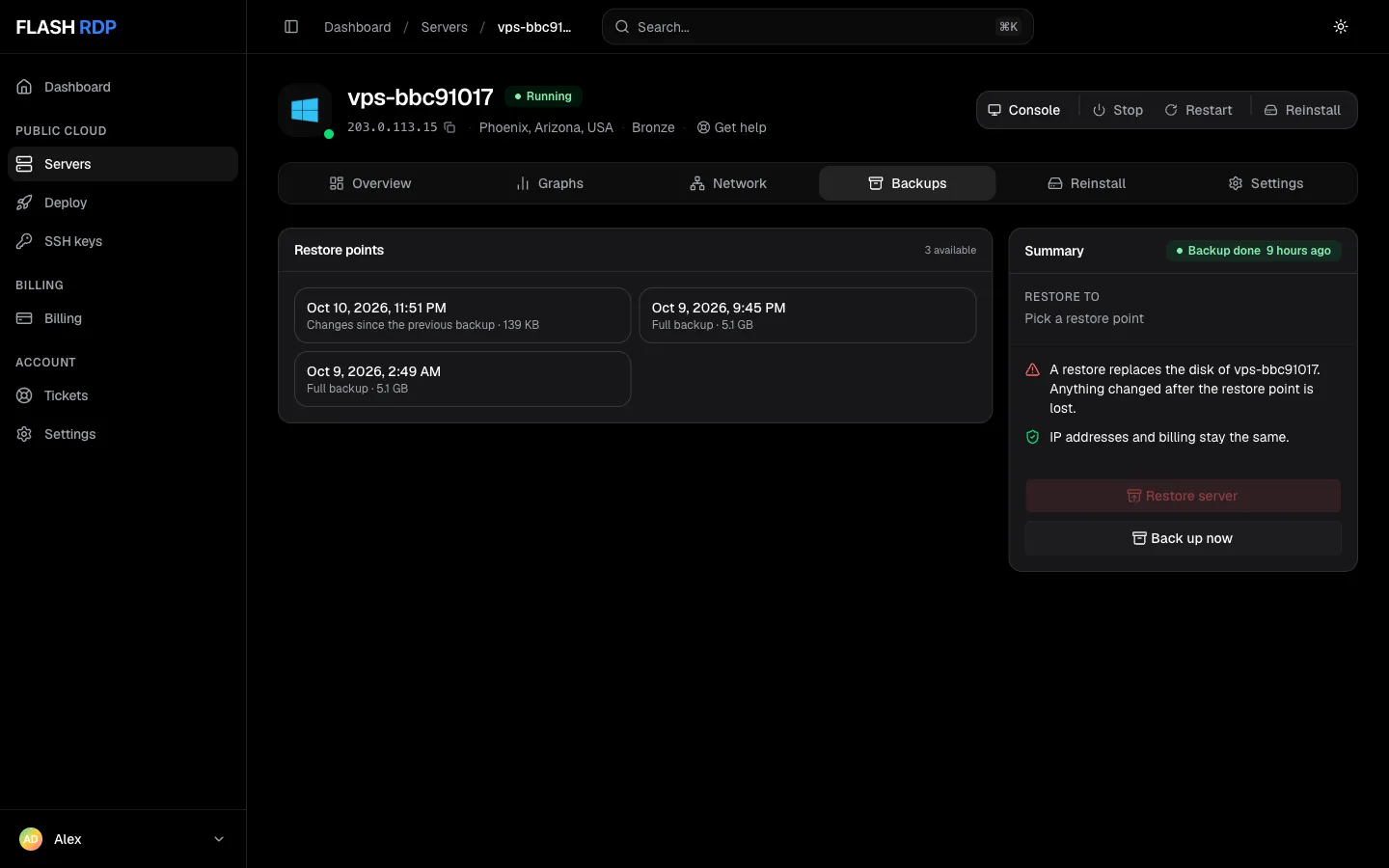 The Backups tab with restore points, the restore summary, Restore server and Back up now