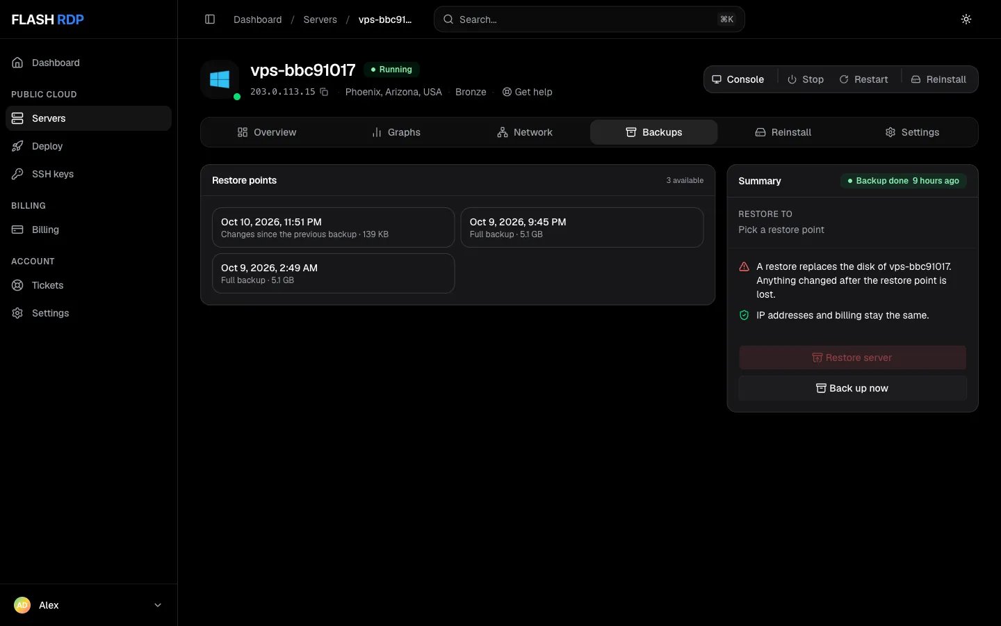 The Backups tab with restore points, the restore summary, Restore server and Back up now