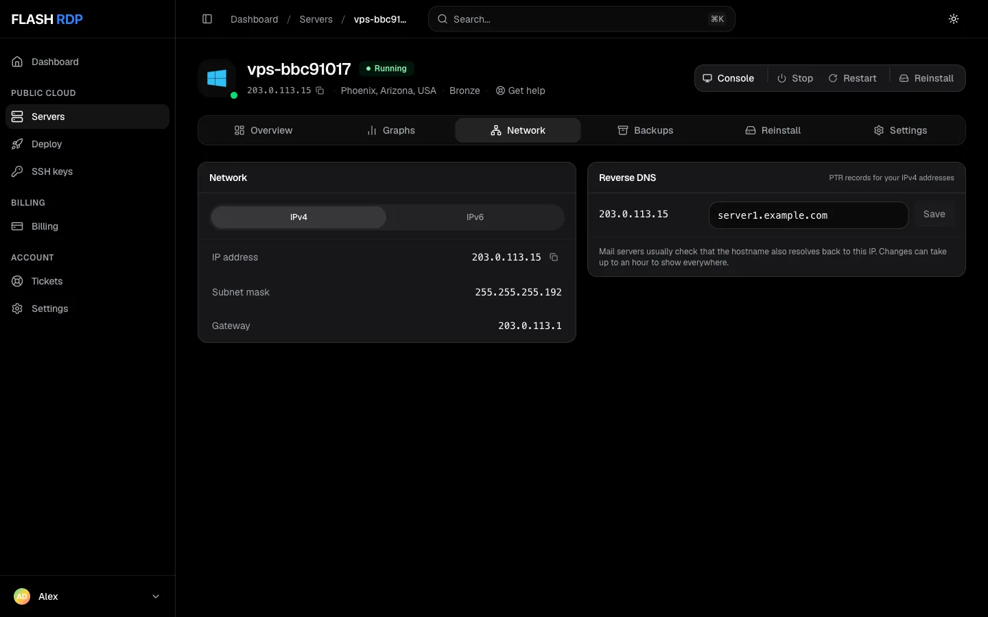 The Network tab with IPv4 details and the Reverse DNS panel with a hostname field and Save button