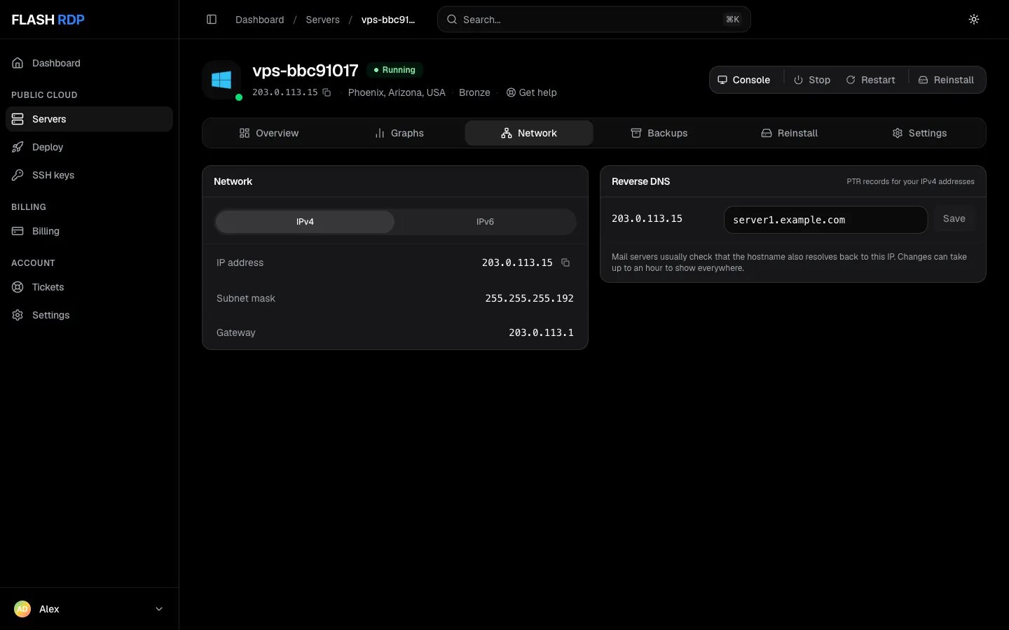 The Network tab with IPv4 details and the Reverse DNS panel with a hostname field and Save button