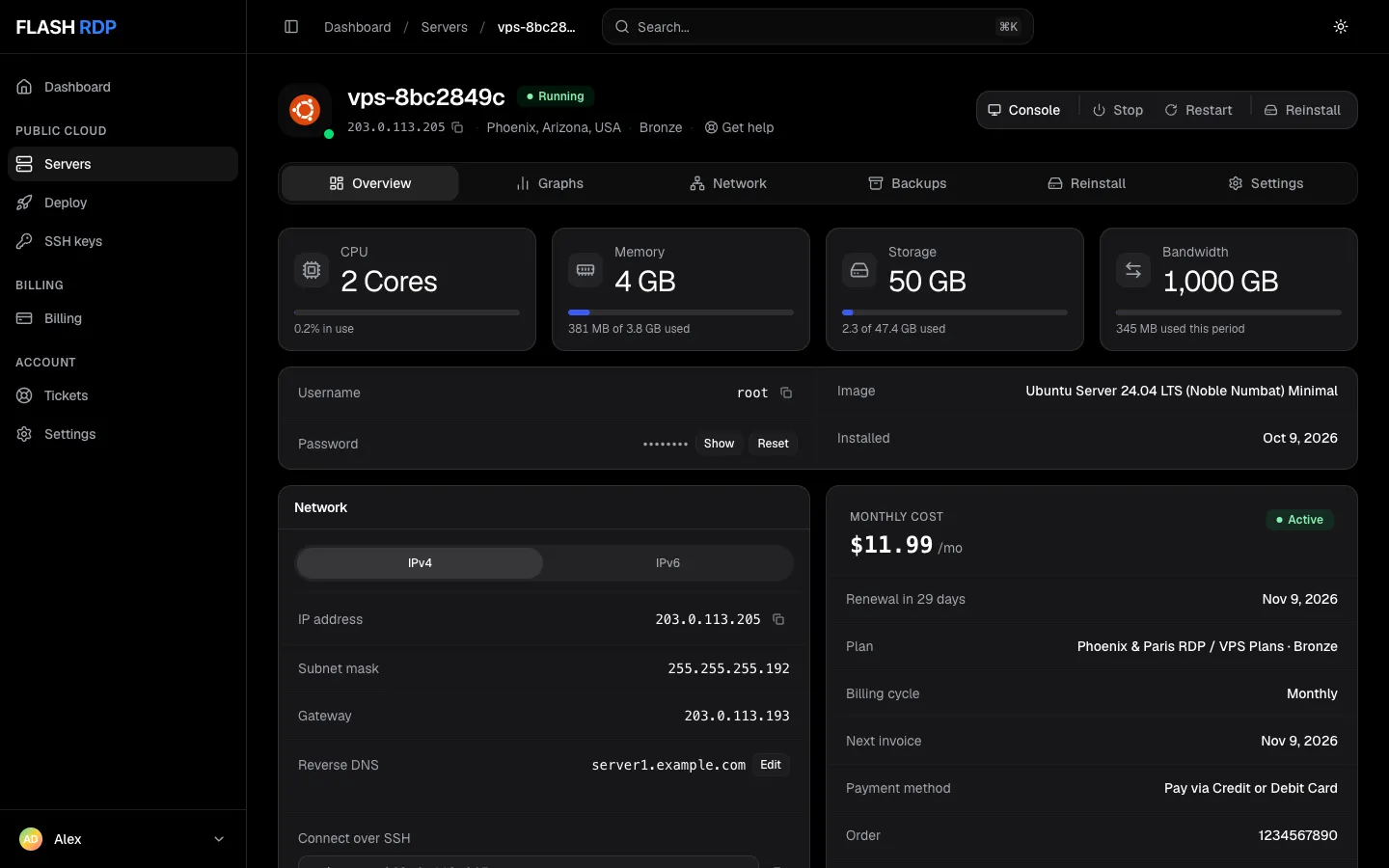 A Linux server's Overview tab showing the root username, the hidden password with Show and Reset buttons, and the IP address