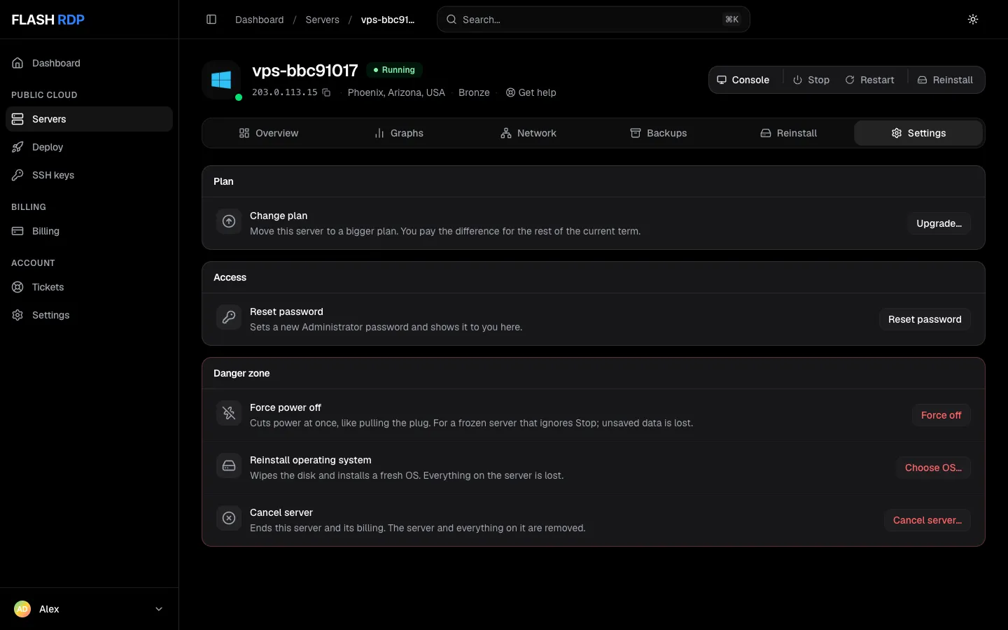 A server's Settings tab with Change plan, Reset password and the Danger zone