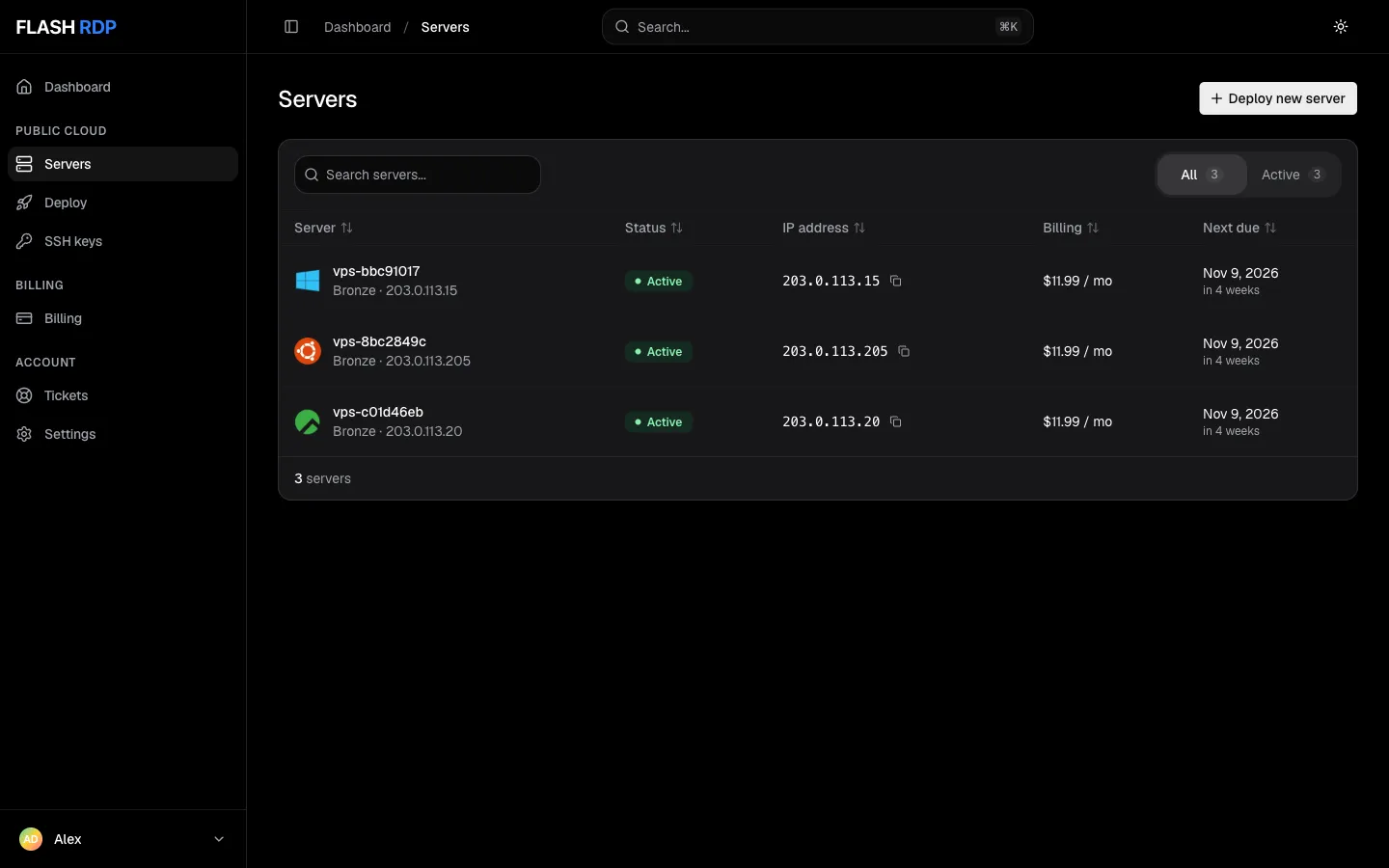 The Servers list with search, status filters and each server's status, IP address, billing and next due date