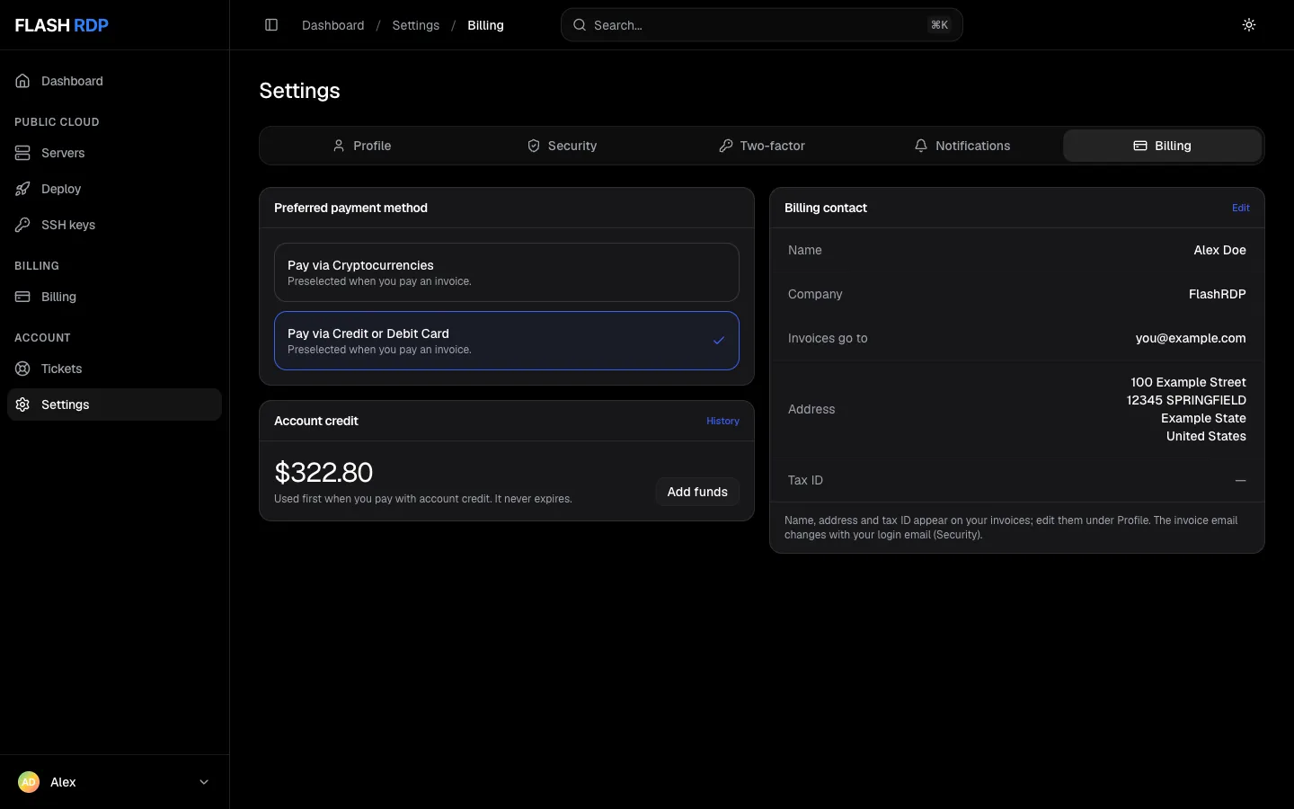 The Billing settings tab with the preferred payment method, account credit and billing contact