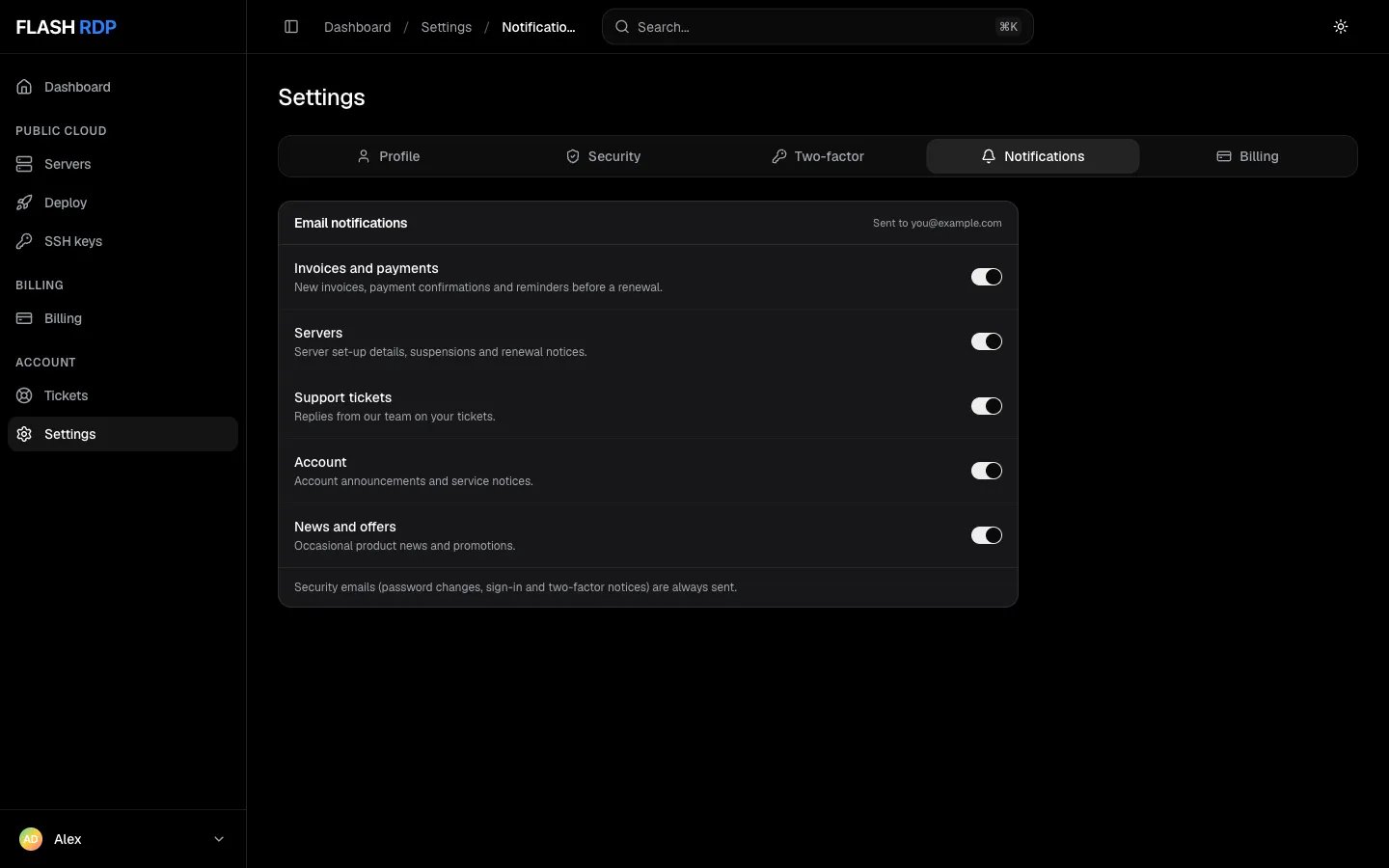 The Notifications tab with a switch for each type of email