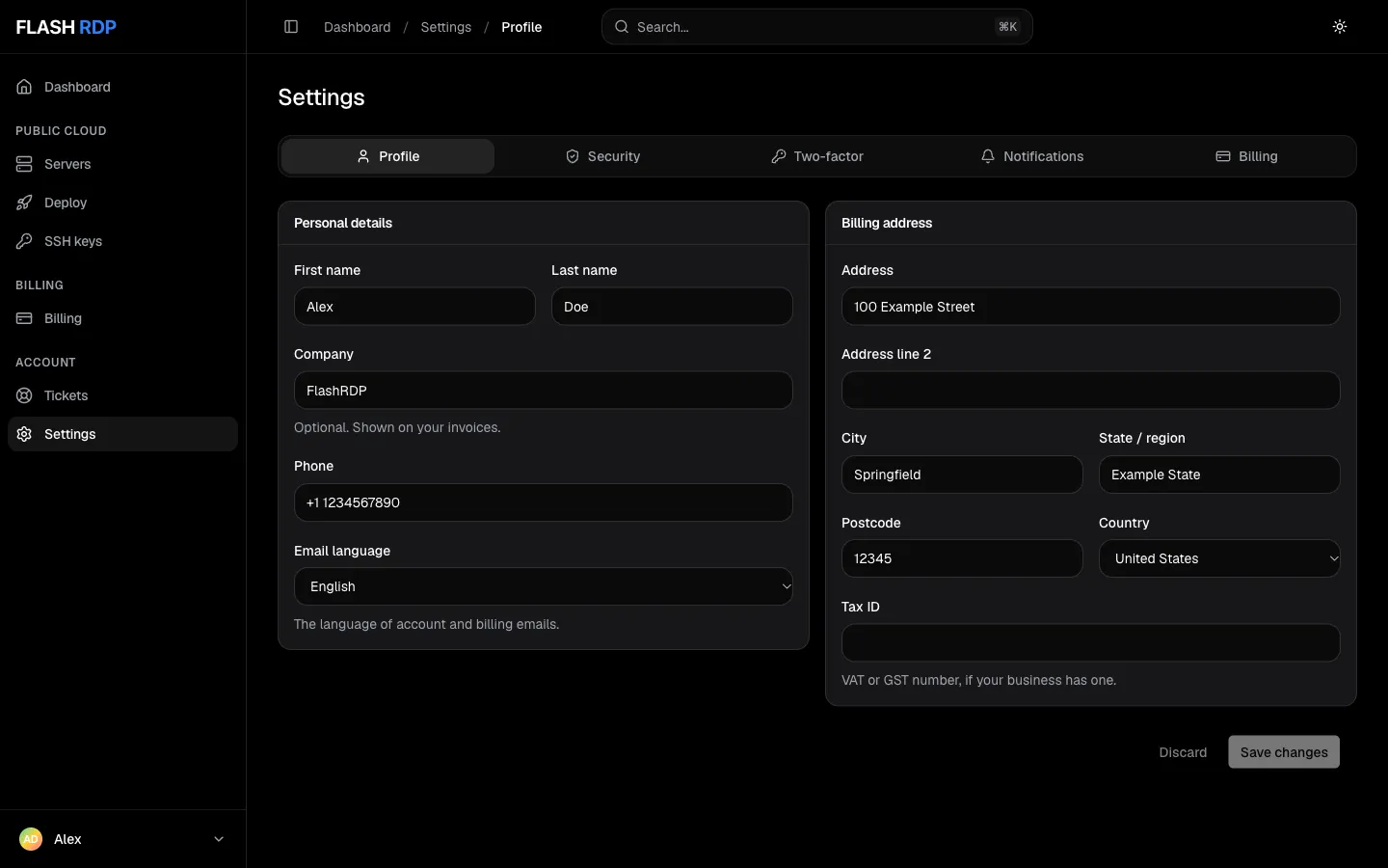 The Profile tab with personal details and billing address