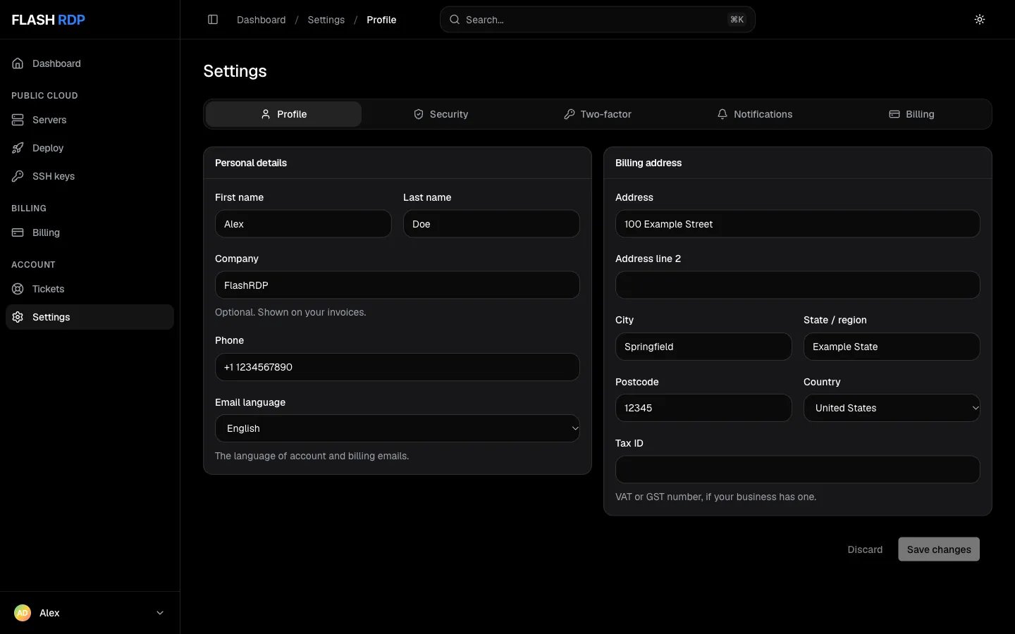 The Profile tab with personal details and billing address