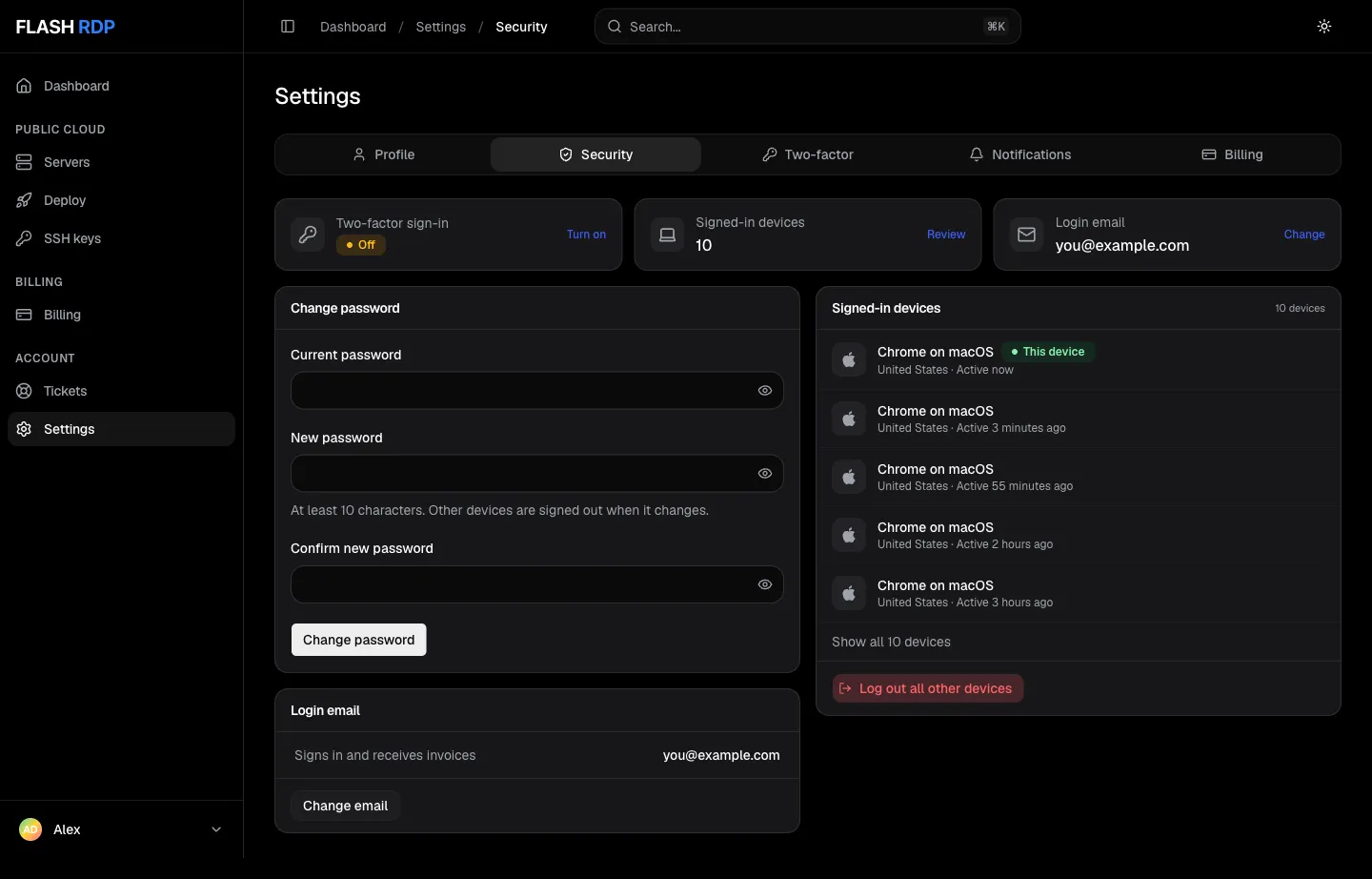 The Security tab with Change password, Login email and Signed-in devices