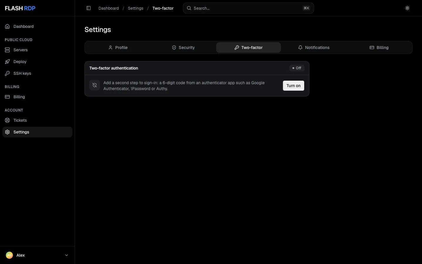 The Two-factor tab showing two-factor authentication off with a Turn on button