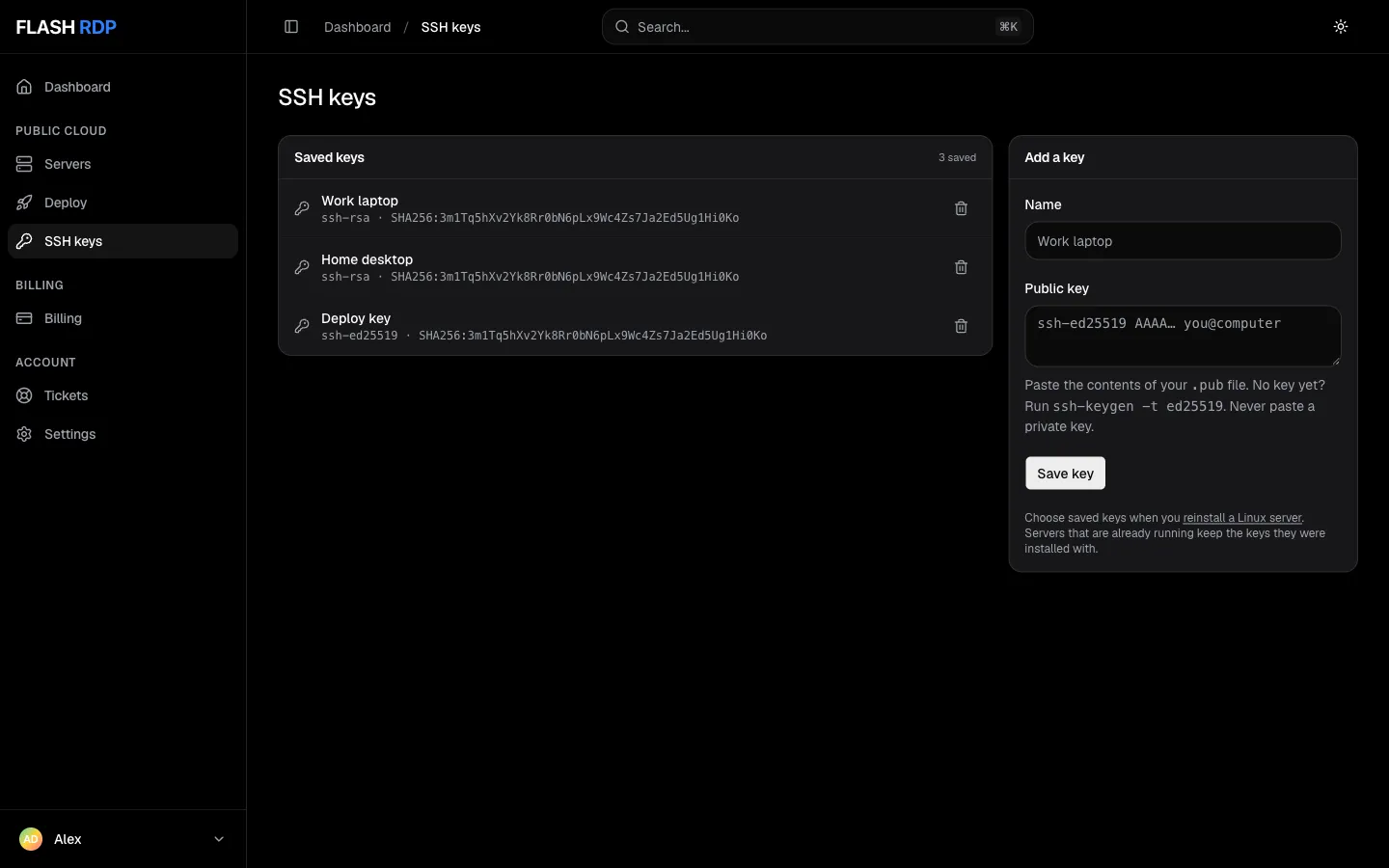 The SSH keys page with saved keys and the Add a key form