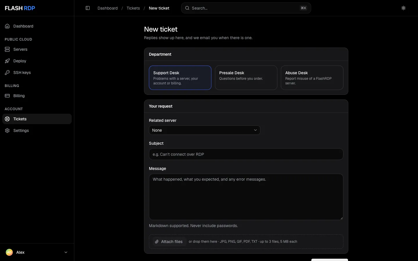 The New ticket form with department cards, related server, subject, message and file attachments