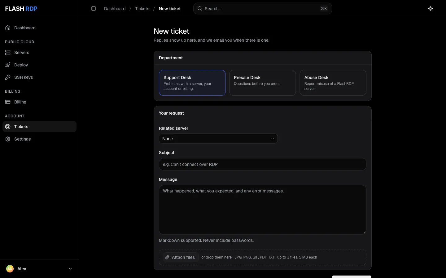 The New ticket form with department cards, related server, subject, message and file attachments
