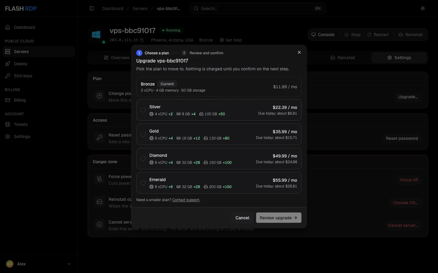 The Upgrade dialog listing bigger plans with their resources, price and amount due today